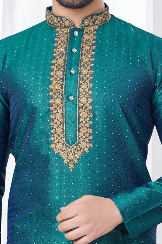 Rama Green Jaquard Kurta Pajama (NMK-7803) - Nihal Fashions