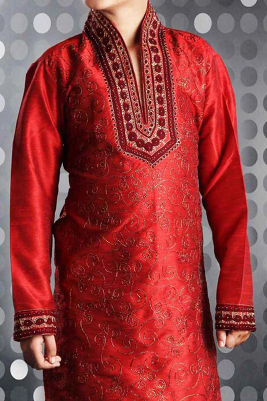 Red Art Dupion Kids Kurta Pajama (NKK-250)
