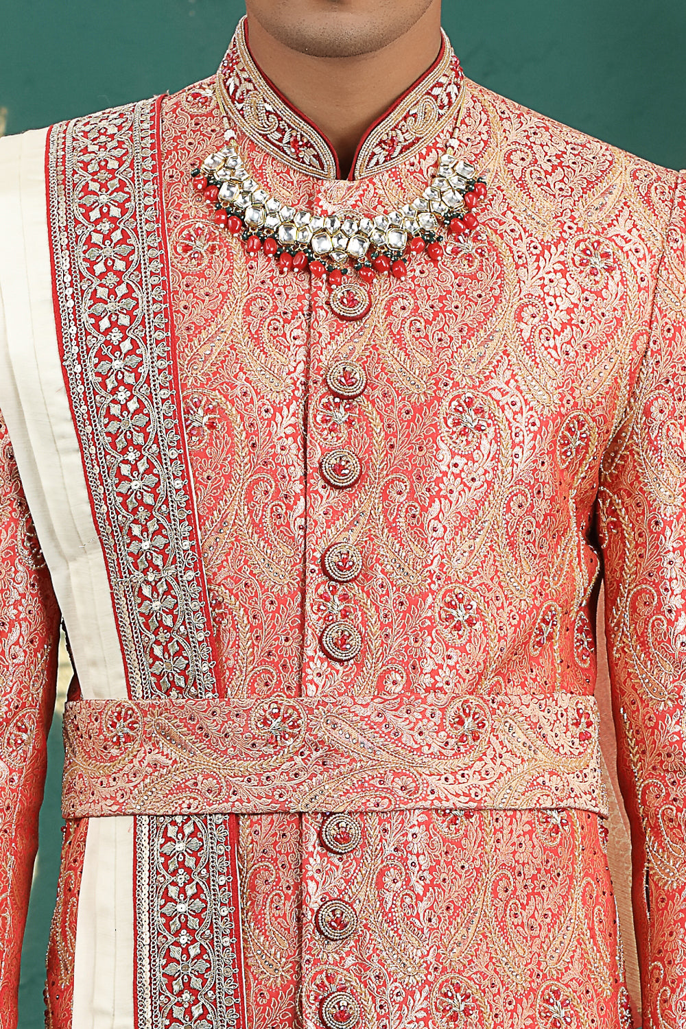 Red Banarasi Jaquard Wedding Sherwani (NMK-8611) - Nihal Fashions
