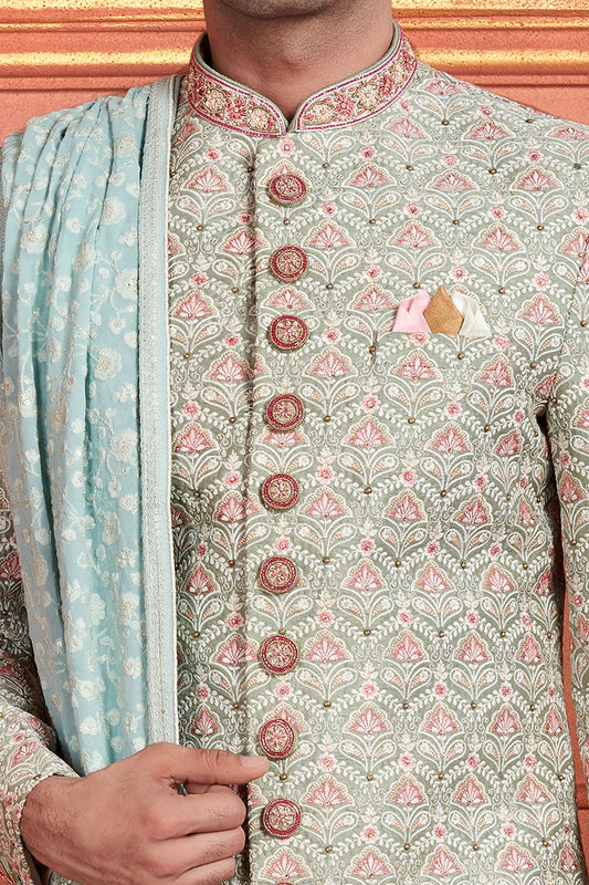 Sea Green Art Silk Mens Sherwani (NMK-7885) - Nihal Fashions