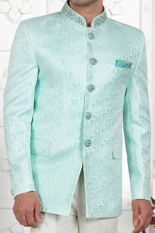 Sea Green Imported Jaquard Silk Indo Western (NMK-7206) - Nihal Fashions
