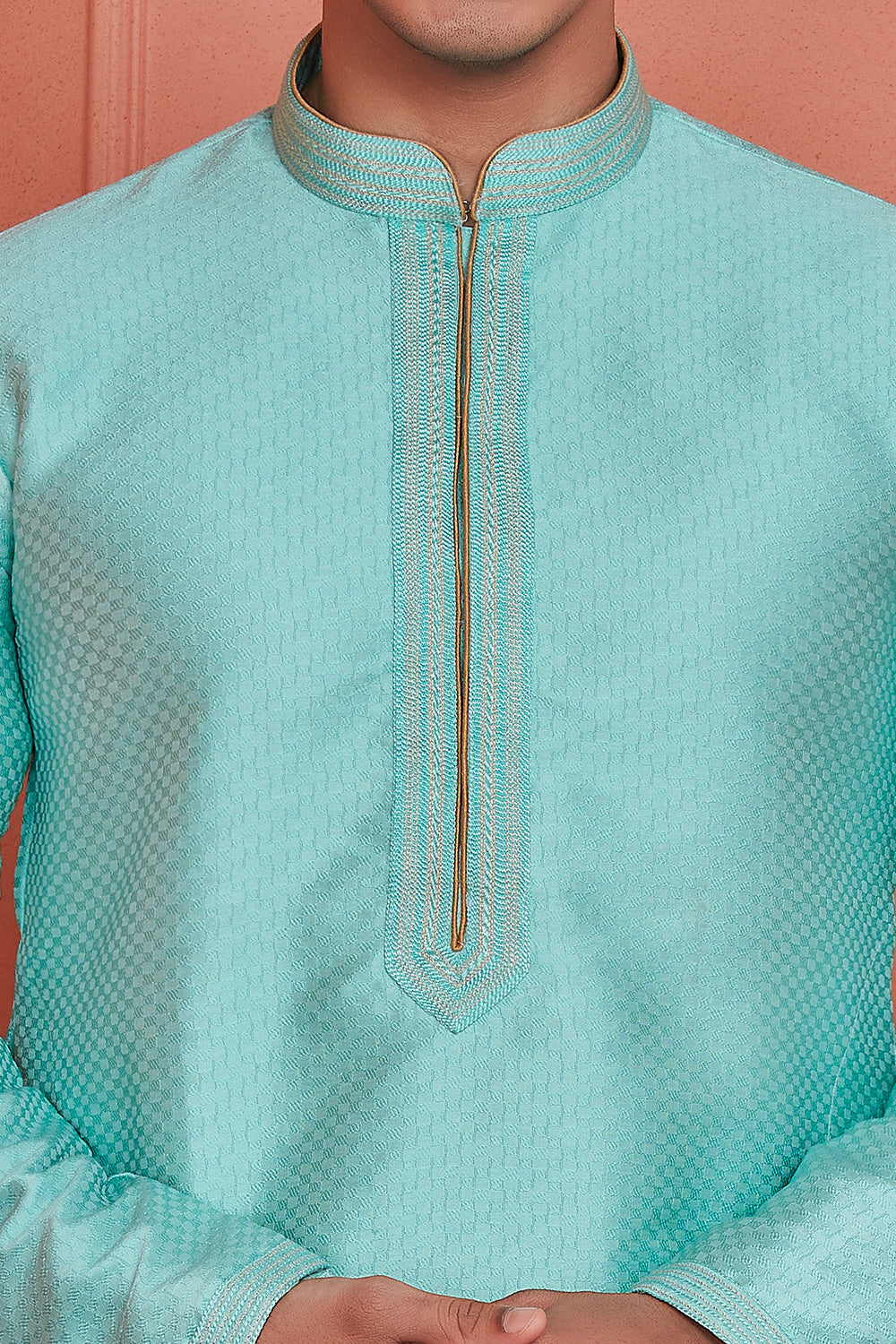 Sea Green Jaquard Silk Brocade Kurta Pajama (NMK-8155) - Nihal Fashions