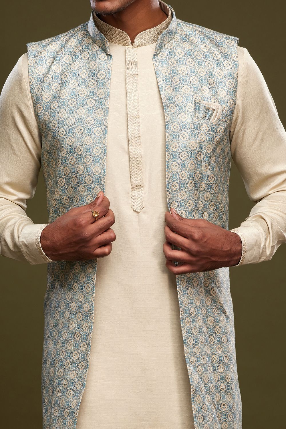 Sky Blue Art Silk Digital Printed Jacket Kurta (NMK-7089) - Nihal Fashions