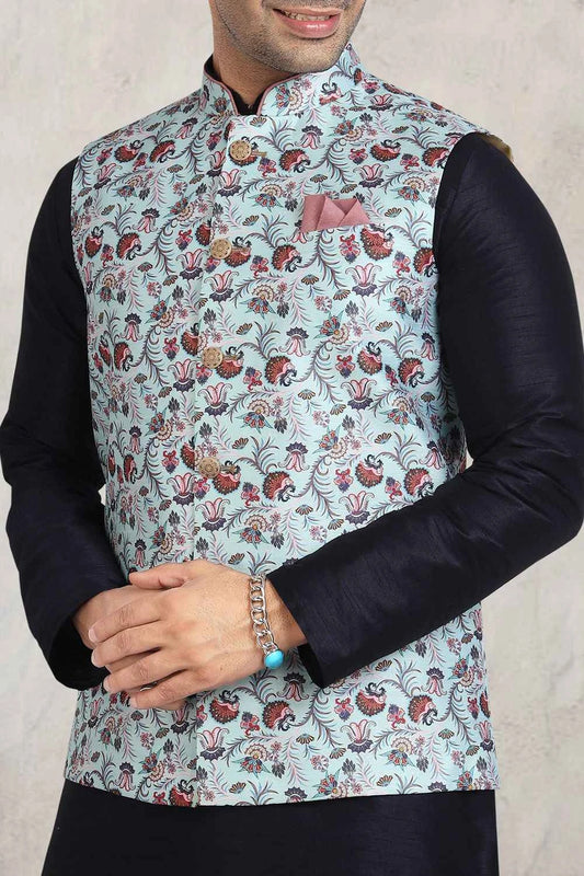 Sky Blue Banarasi Silk Nehru Jacket (NMK-5682)