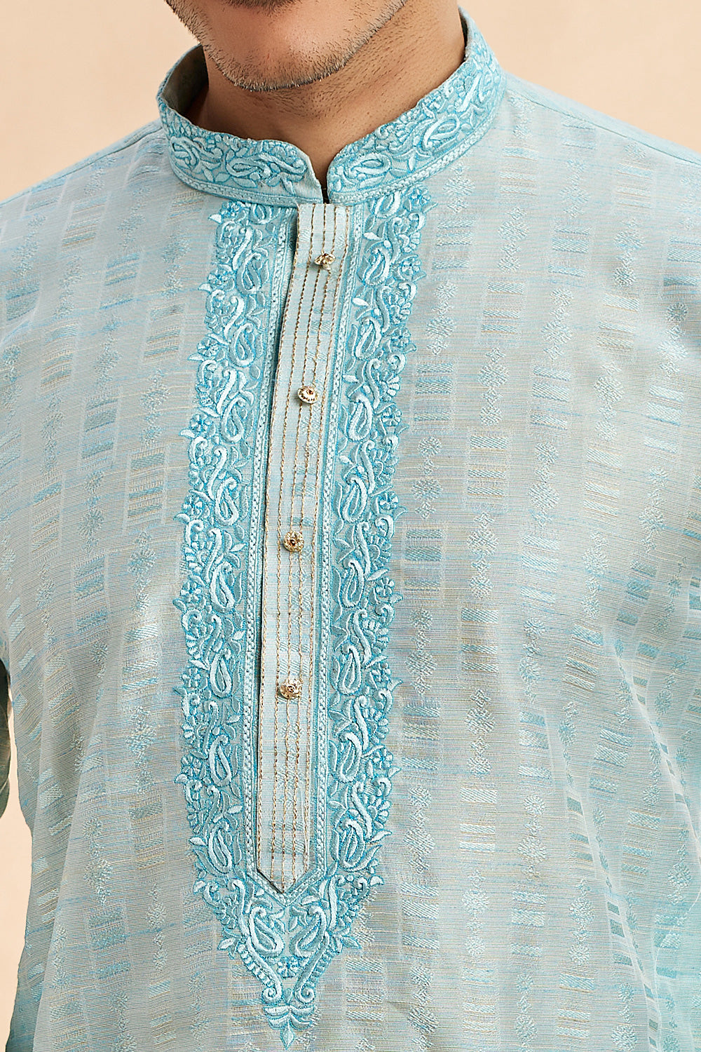 Sky Blue Jaquard Art Silk Kurta Pajama (NMK-7902) - Nihal Fashions