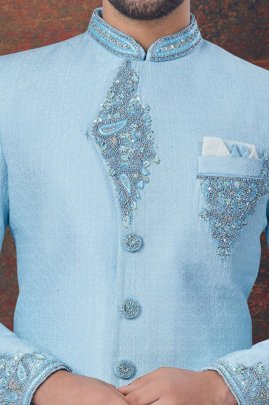 Sky Blue Jaquard Indo Western for Men (NMK-7798) - Nihal Fashions