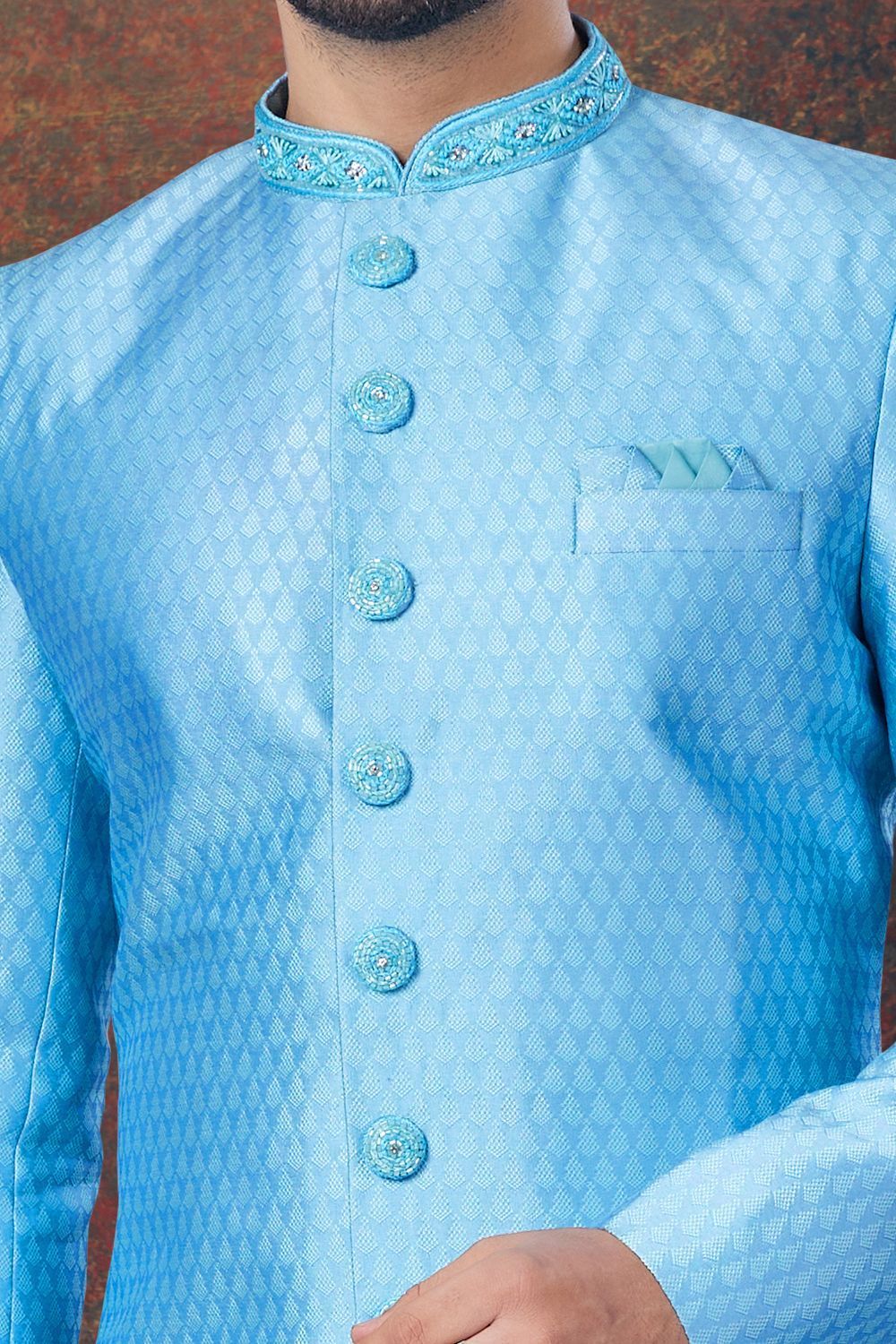 Sky Blue Jaquard Mens Indo Western (NMK-7787) - Nihal Fashions