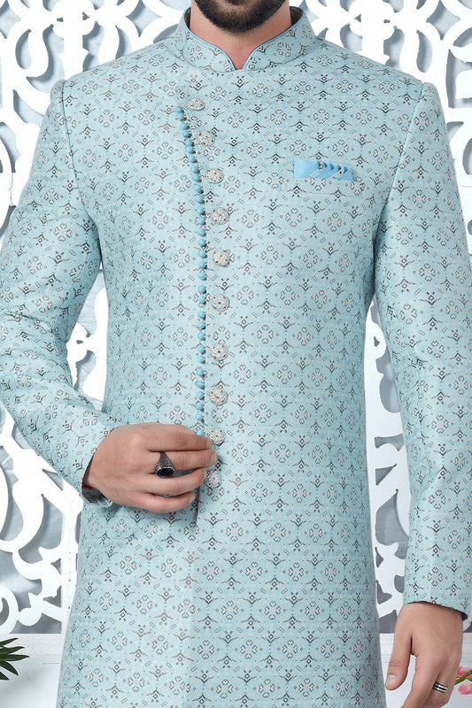 Sky Blue Jaquard Silk Indo Western (NMK-7187) - Nihal Fashions