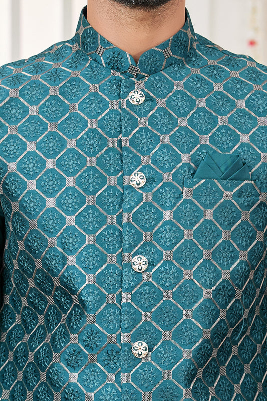 Teal Blue Art Silk Nehru Jacket (NMK-7978) - Nihal Fashions
