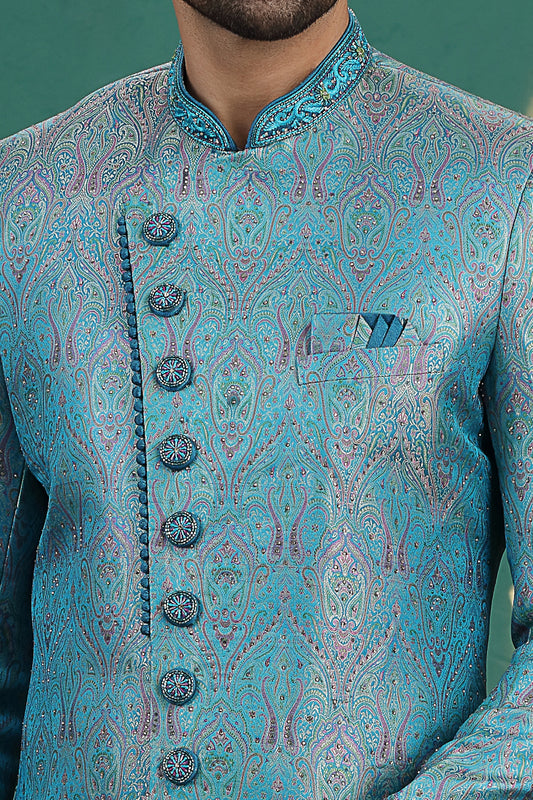 Teal Blue Banarasi Jaquard Sherwani (NMK-8614) - Nihal Fashions