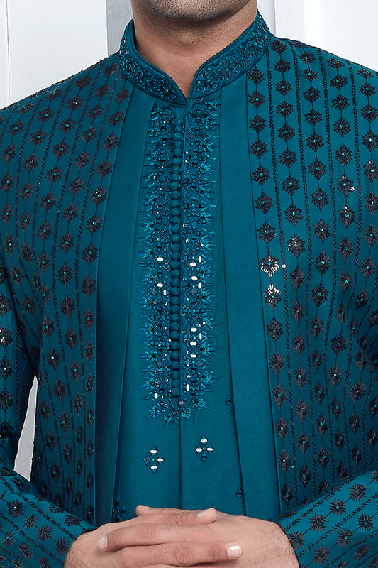 Teal Blue Velvet Silk 4 piece attached Jacket Set (NMK-7870) - Nihal Fashions