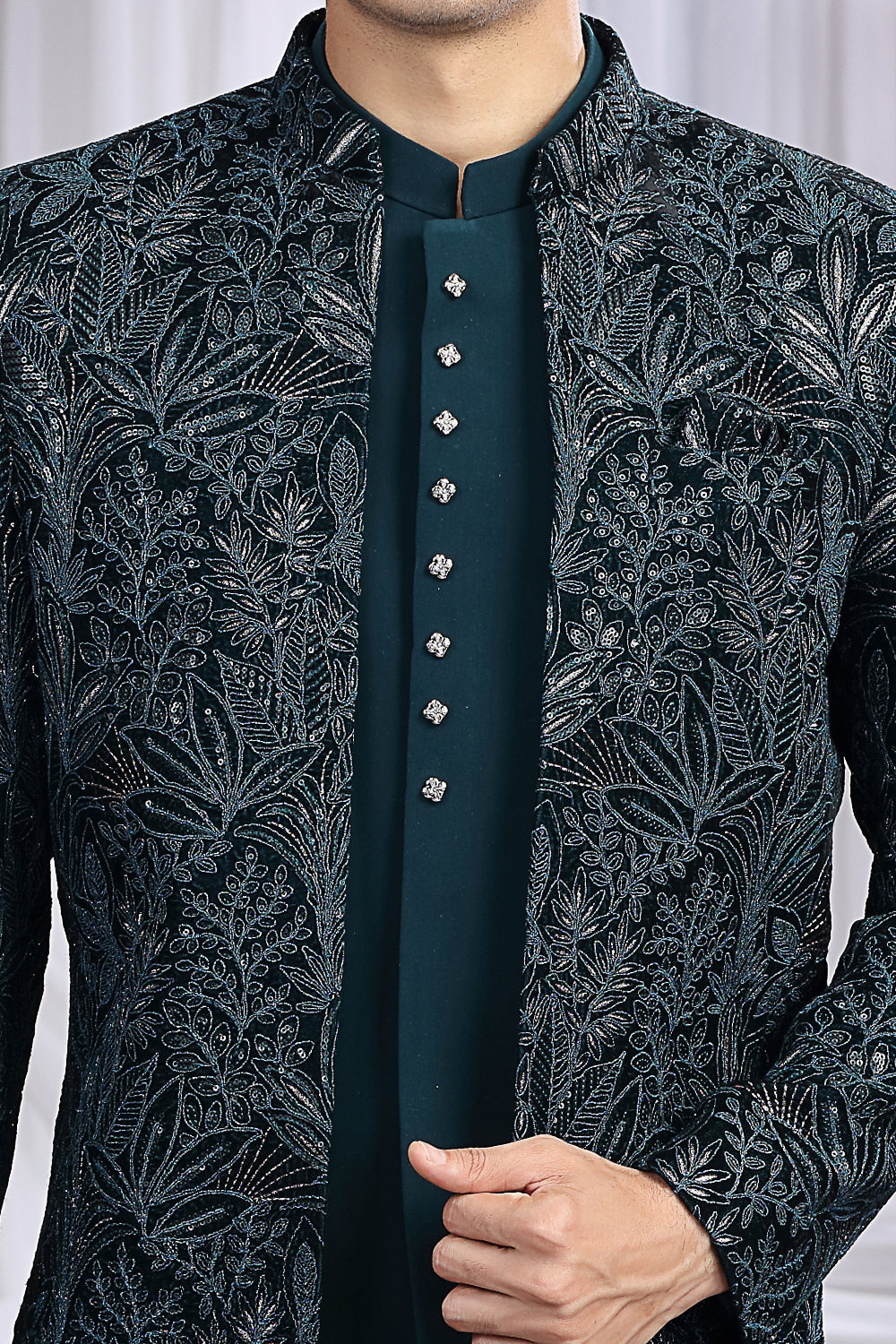 Teal Green Art Silk 3 piece Jacket Jodhpuri (NMK-8672) - Nihal Fashions
