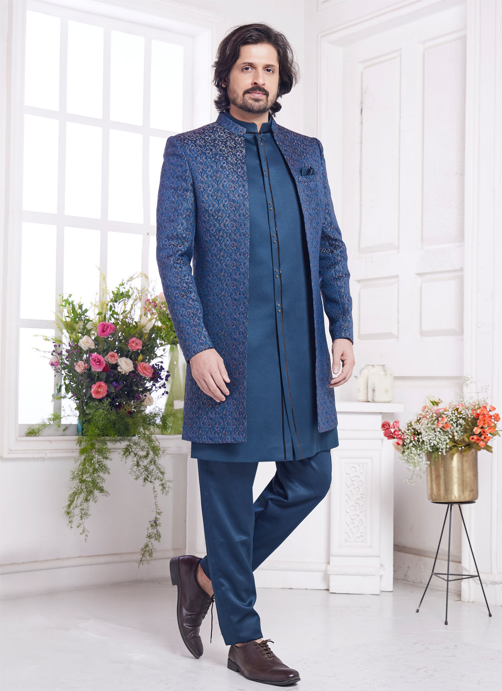 Teal Green Imported Jaquard Silk 3 Pcs Jacket Set (NMK-8340) - Nihal Fashions