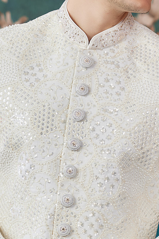 Wedding Art Silk Sherwani in Cream (NMK-8235) - Nihal Fashions
