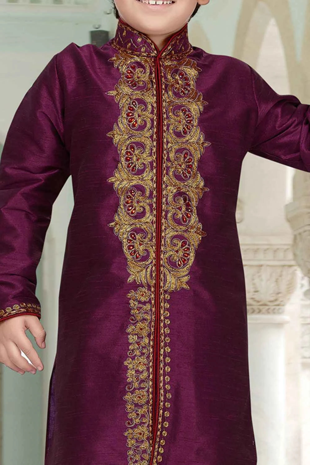 Wine Art Dupion Kids Kurta Pajama (NKK-535)