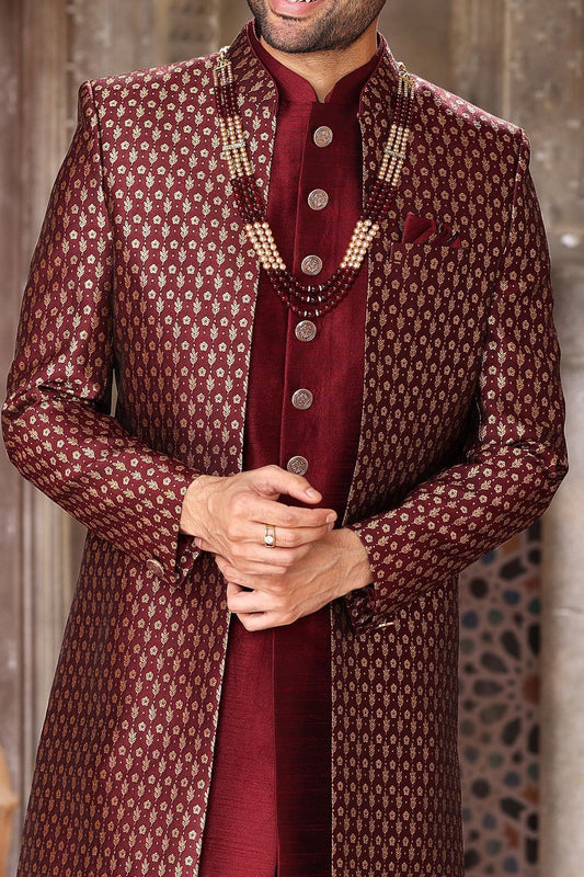 Wine Banarasi Jaquard Art Silk Indo Western (NMK-6847) - Nihal Fashions