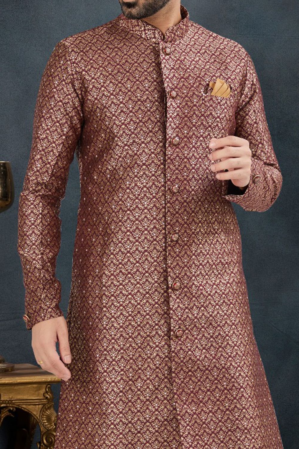 Wine Banarasi Jaquard Indo Western (NMK-7614) - Nihal Fashions