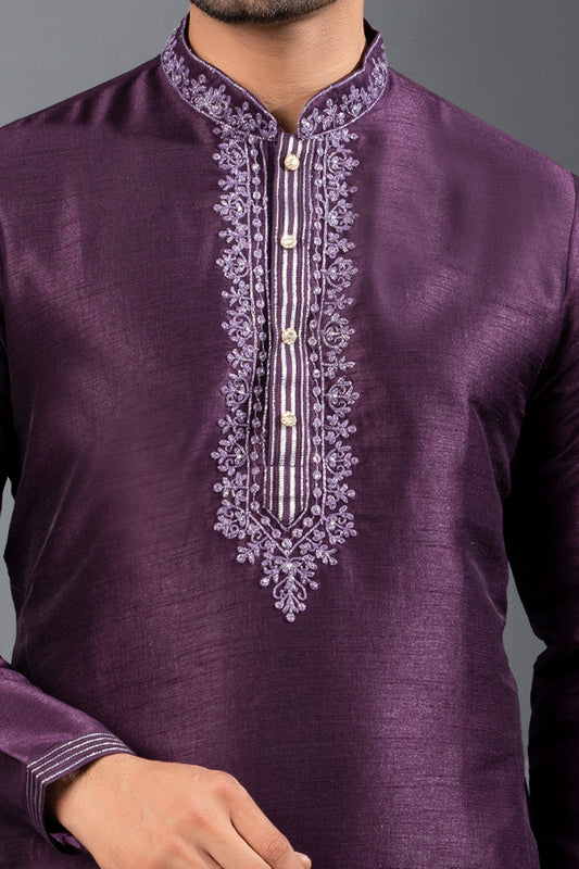 Wine Banglori Silk Kurta Pajama (NMK-8744) - Nihal Fashions