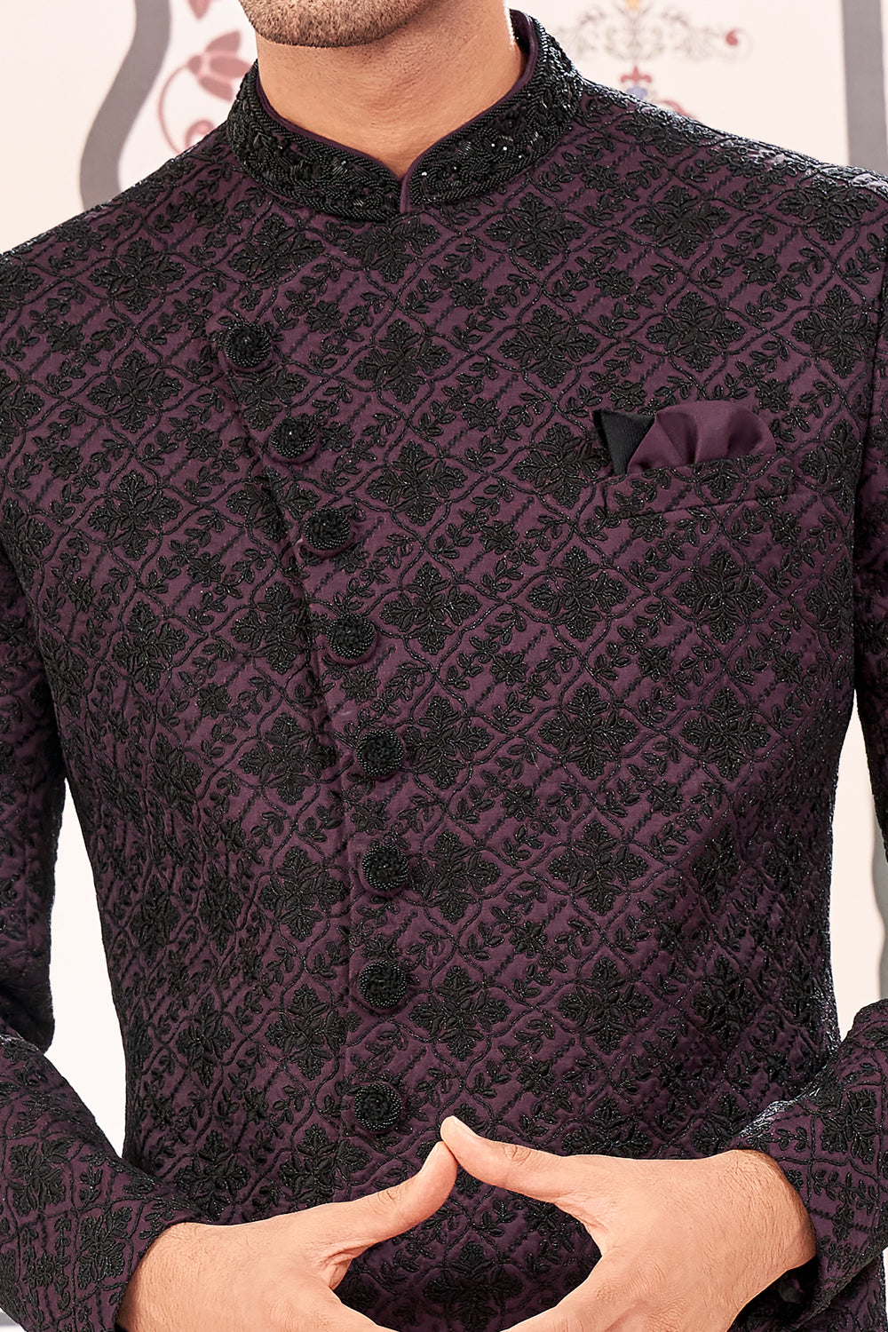 Wine, Black Art Embroidered Silk Indo Western (NMK-8529) - Nihal Fashions