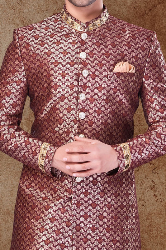 Wine Jaquard Mens Sherwani (NMK-6769) - Nihal Fashions