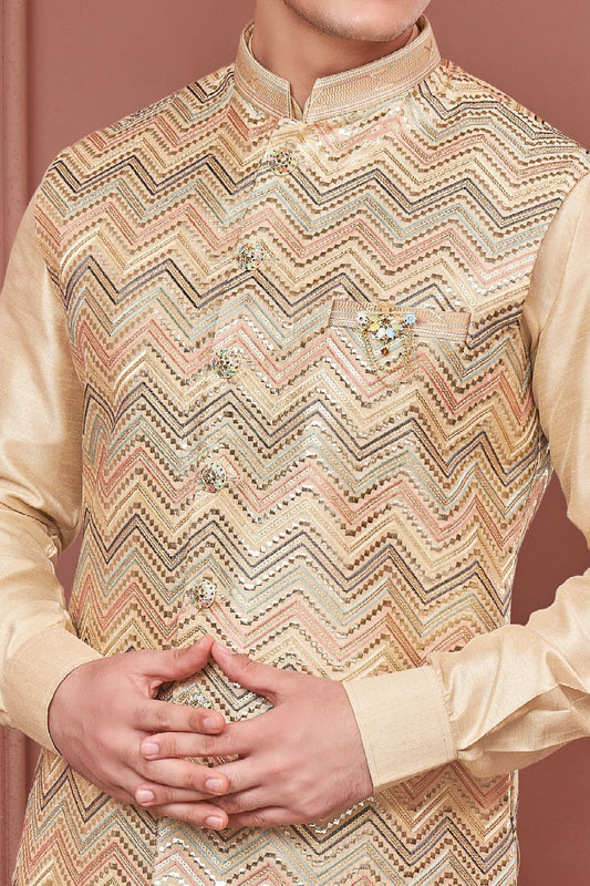 Yellow Art Banarasi Silk Nehru Jacket (NMK-7399) - Nihal Fashions