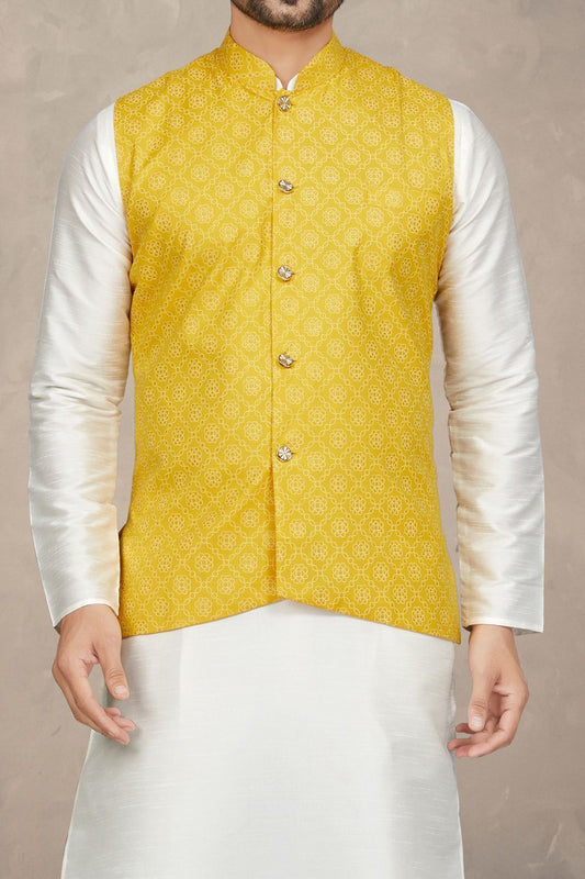 Yellow Art Silk Mens Nehru Jacket (NMK-6958) - Nihal Fashions