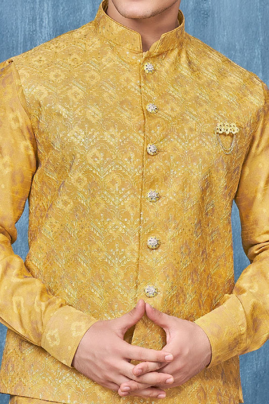 Yellow Art Silk Nehru Jacket (NMK-7351) - Nihal Fashions