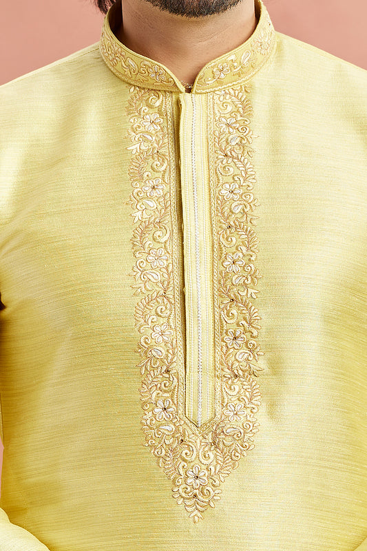 Yellow Banarasi Art Silk Kurta Pajama (NMK-7932) - Nihal Fashions