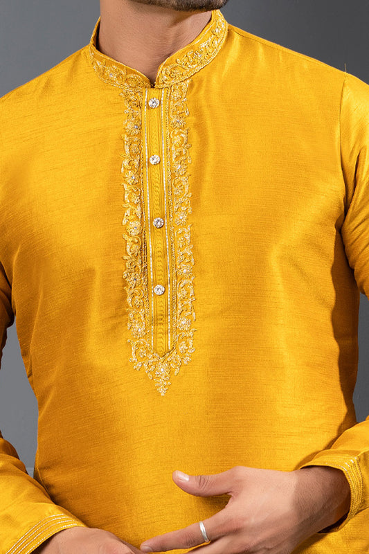 Yellow Banglori Silk Kurta Pajama (NMK-8714) - Nihal Fashions