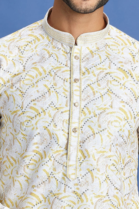 Yellow Cotton Embroidered Kurta Pajama (NMK-7522) - Nihal Fashions