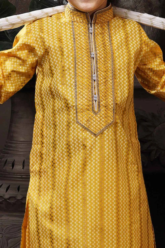 Yellow Cotton Printed Boys Kurta Pajama (NKK-763)