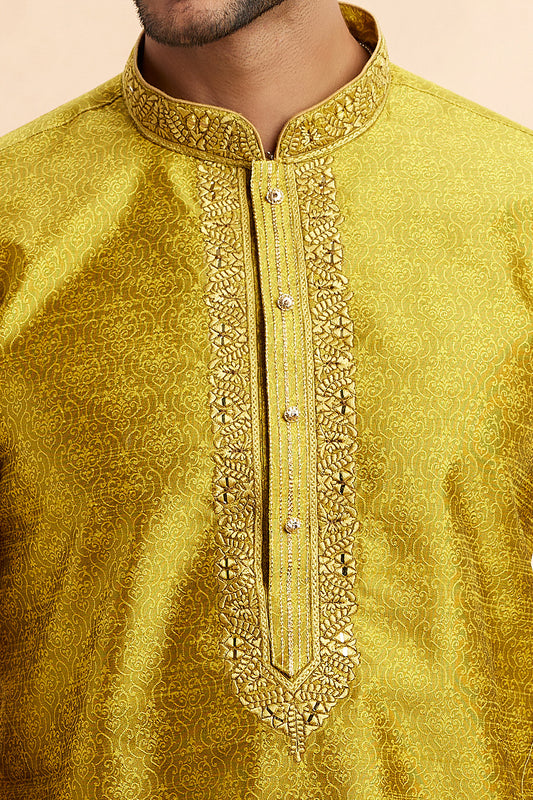 Yellow Jaquard Art Silk Kurta Pajama (NMK-7907) - Nihal Fashions