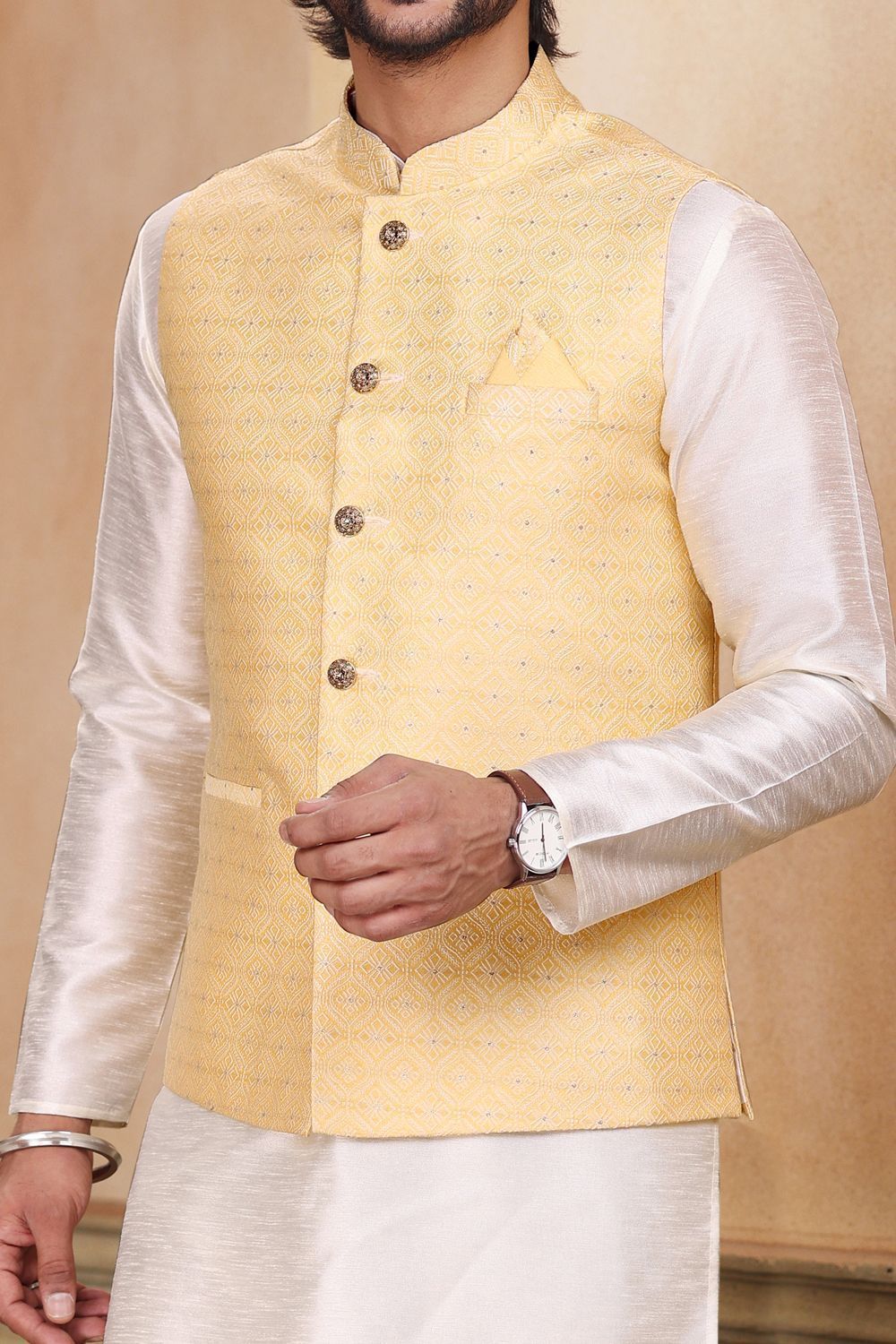 Yellow Jaquard Banarasi Silk Mens Nehru Jacket (NMK-6912) - Nihal Fashions