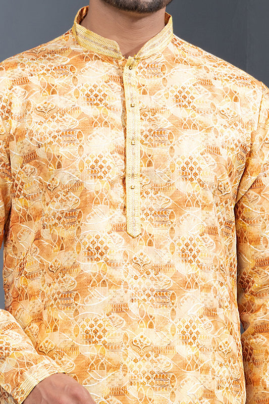 Yellow Printed Cotton Silk Kurta Pajama (NMK-8764) - Nihal Fashions