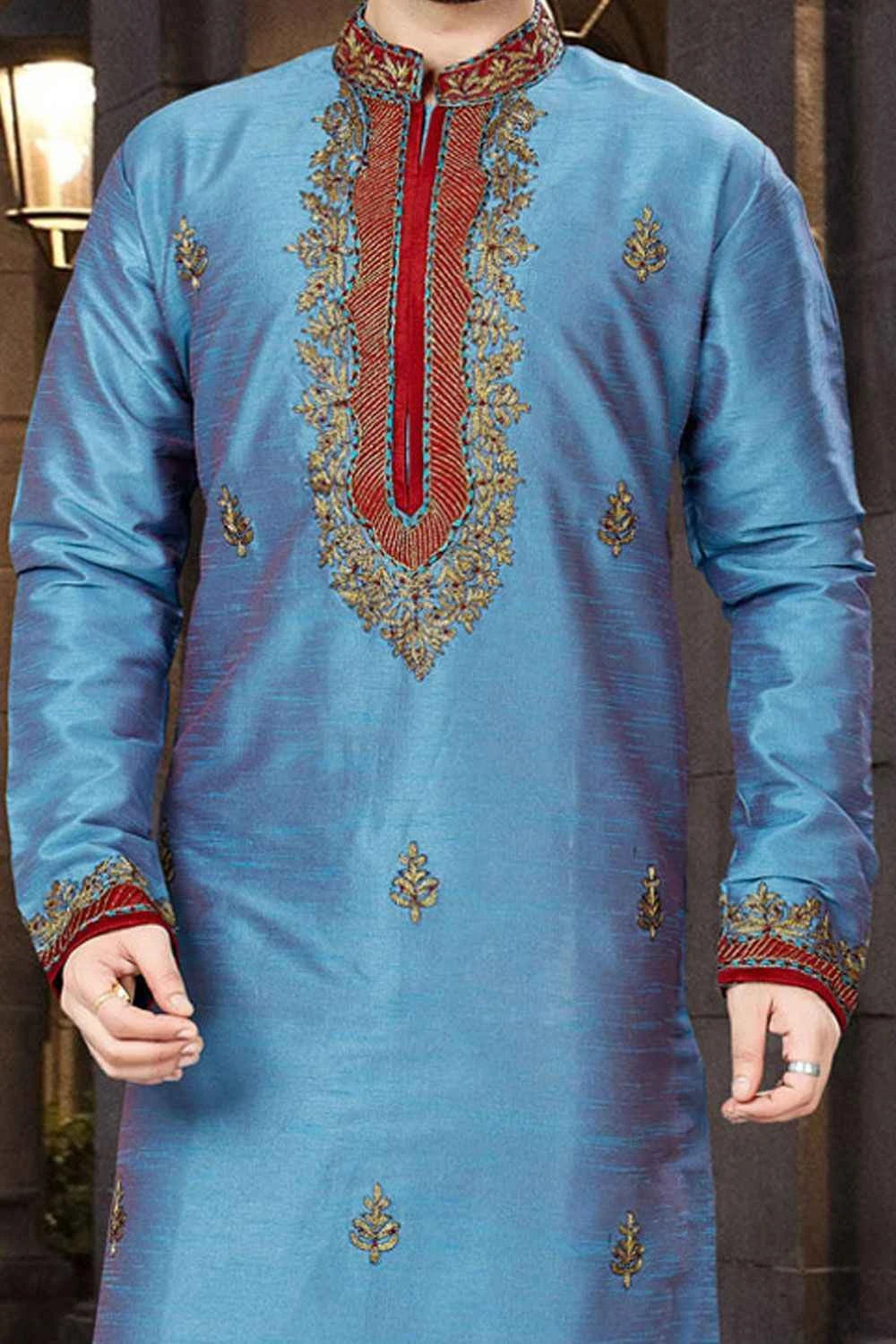 2 Toned Blue Art Dupion Designer Kurta Pajama (NMK-3774)