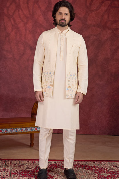 Beige Art Silk Nehru Jacket (NMK-8789)