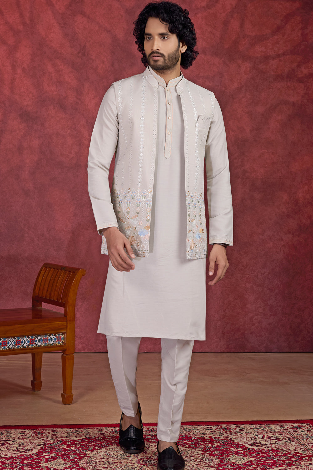 Light Grey Art Silk Nehru Jacket (NMK-8790)