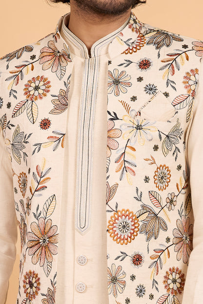 Cream Art Silk Long Jacket With Kurta (NMK-8792)