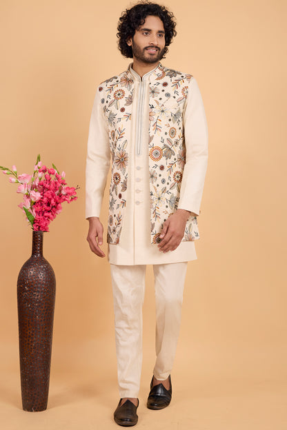 Cream Art Silk Long Jacket With Kurta (NMK-8792)