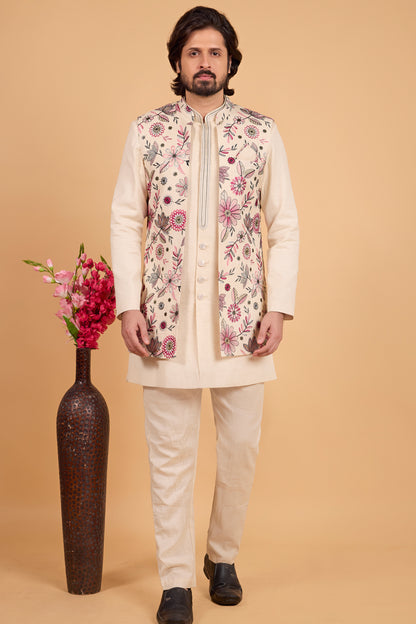 Cream Art Silk Floral Embroidered Indo Western (NMK-8793)