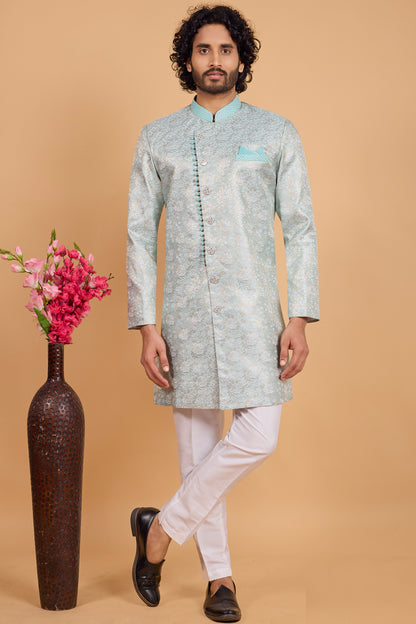 Pista Green Banarasi Jaquard Indo Western (NMK-8795)