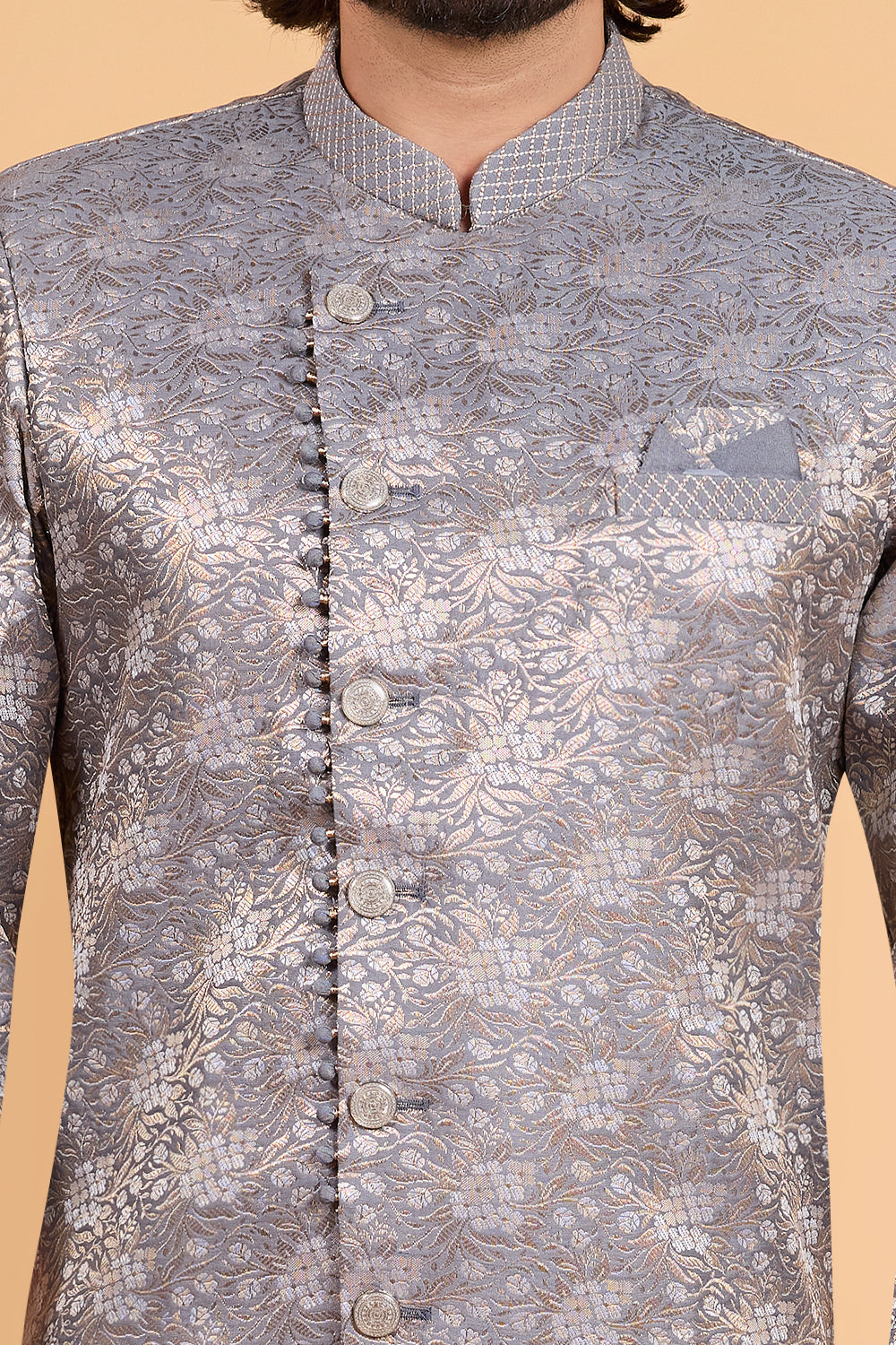 Grey Banarasi Jaquard Indo Western (NMK-8800)
