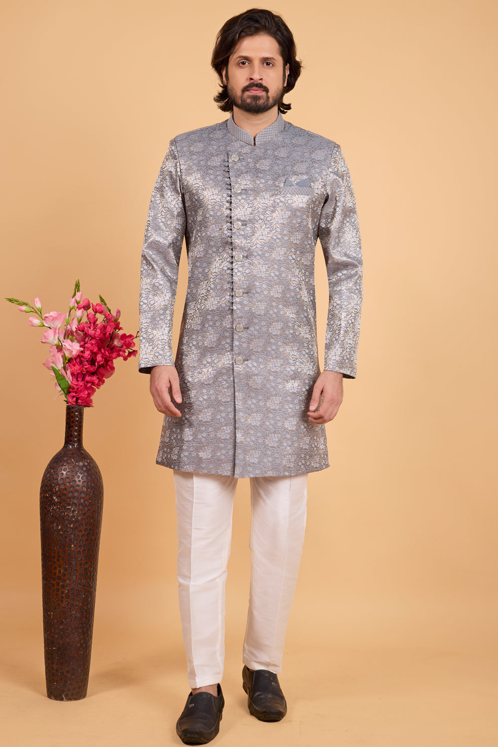 Grey Banarasi Jaquard Indo Western (NMK-8800)