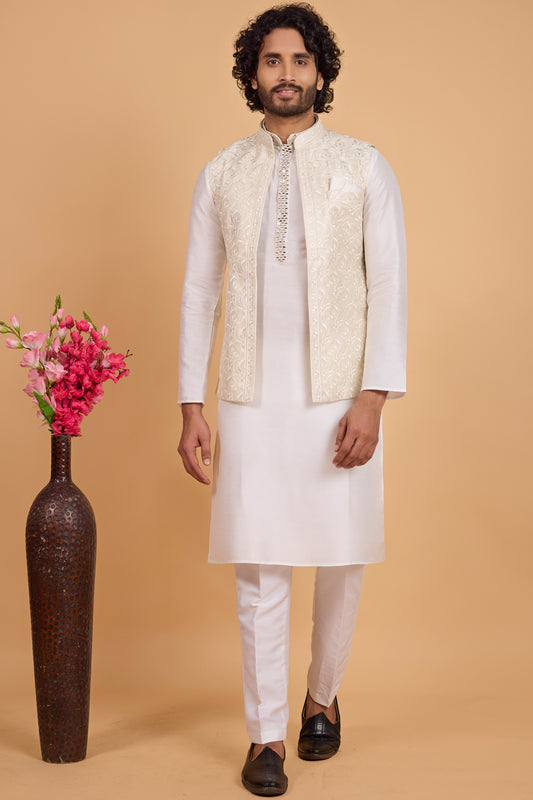 Cream Art Silk Nehru Jacket (NMK-8801)