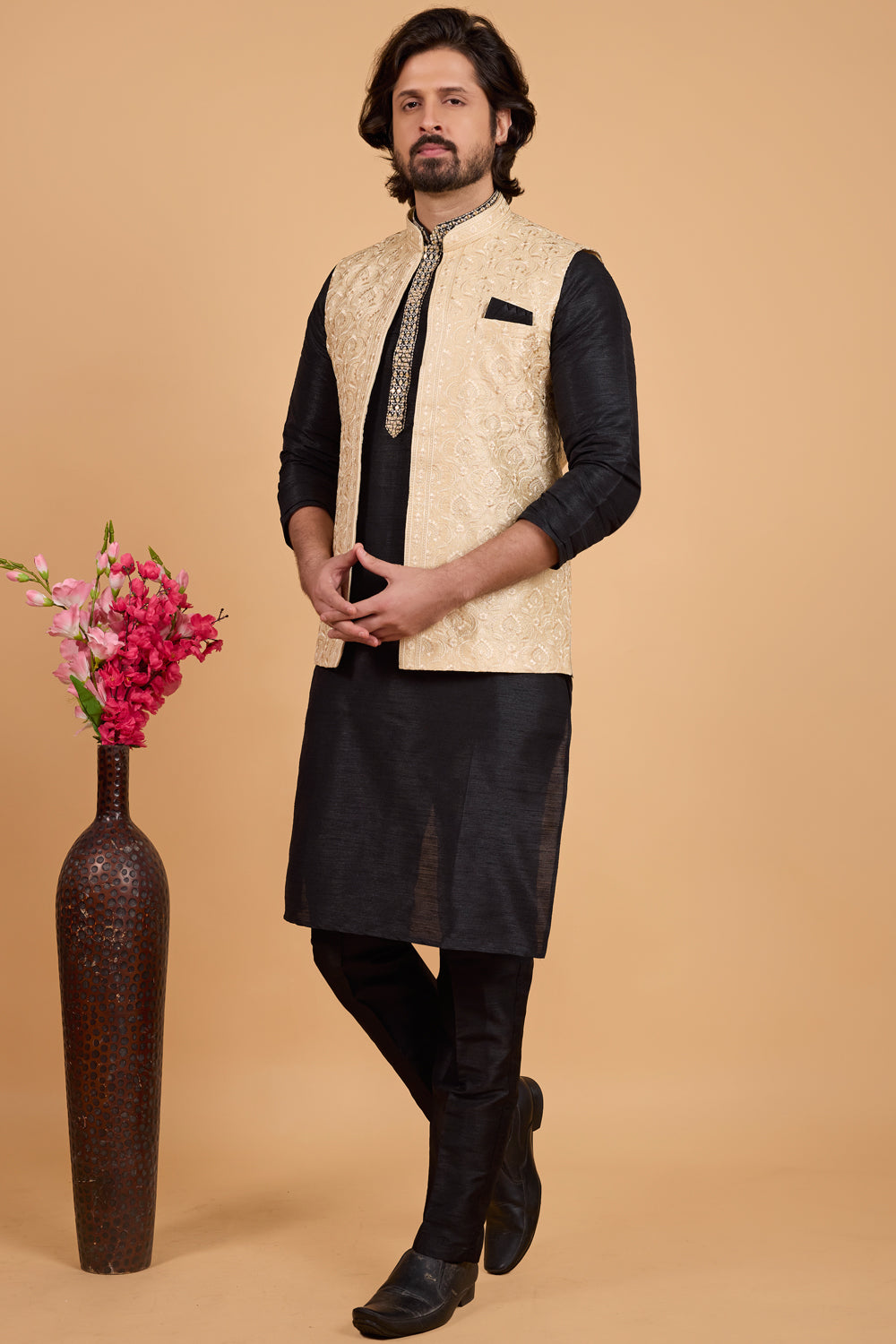 Black Art Silk Nehru Jacket (NMK-8802)