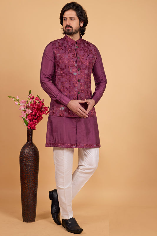 Wine Art Silk Nehru Jacket (NMK-8803)