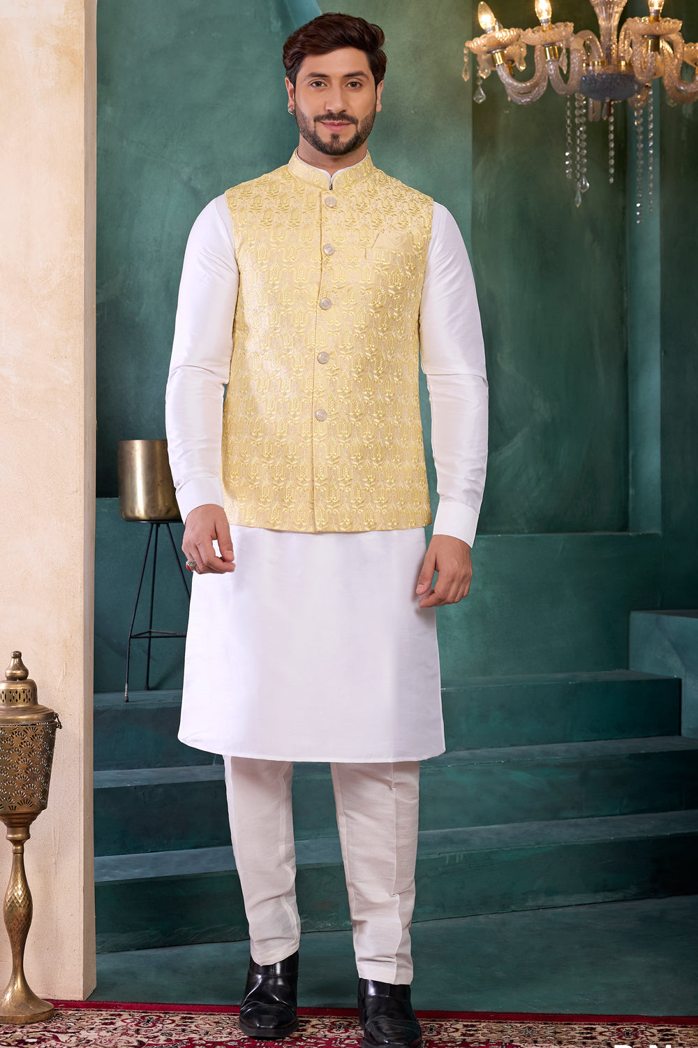 Yellow Art Silk Nehru Jacket (NMK-8805)