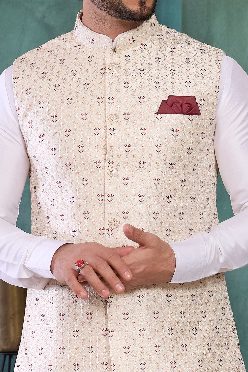 Cream Art Silk Mens Nehru Jacket (NMK-8806)