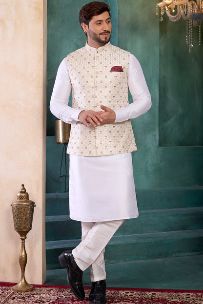 Cream Art Silk Mens Nehru Jacket (NMK-8806)