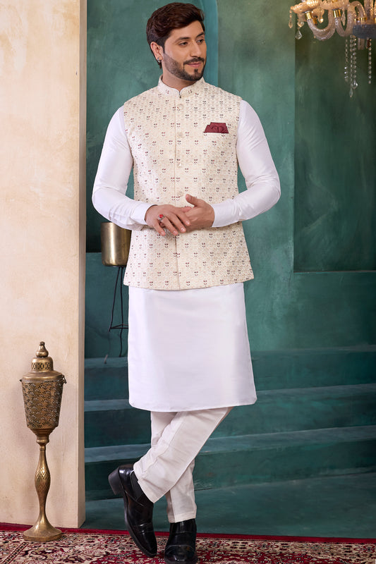 Cream Art Silk Mens Nehru Jacket (NMK-8806)